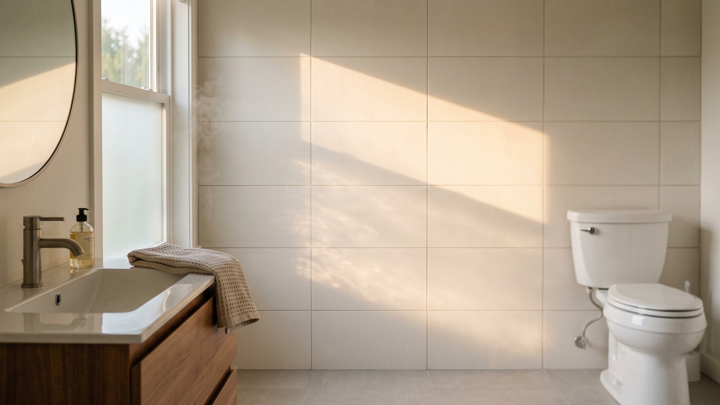 Warm morning light in a modern bathroom with a two-piece toilet