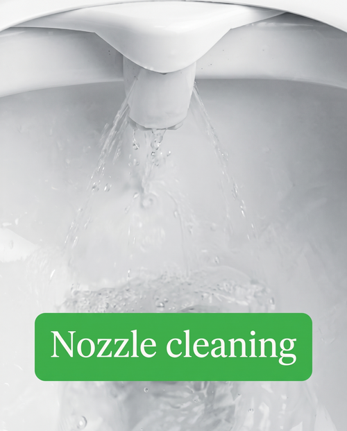 The bidet nozzle rinsing itself with fresh water before use