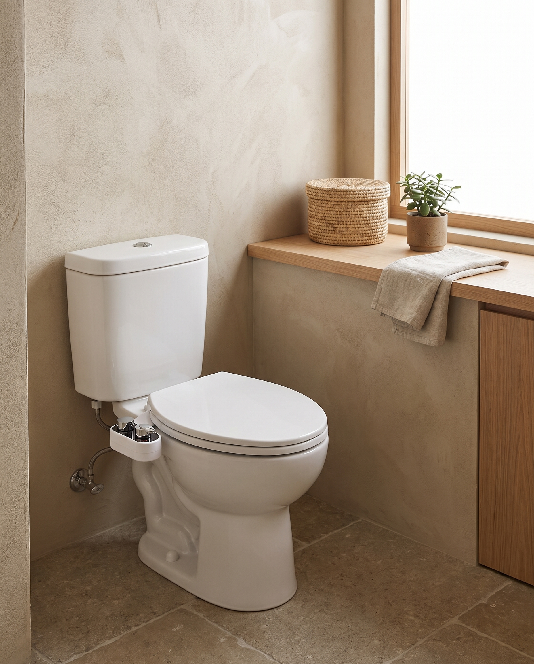 Bidetly Warm bidet attachment fitted to a two-piece toilet in a warm, plaster-walled bathroom